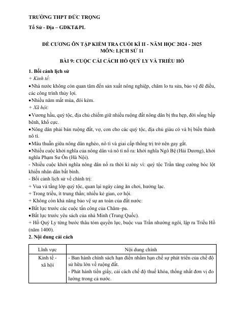 Đề cương ôn tập Học kì 2 Lịch sử 11 năm 2024–2025 trường THPT Đức Trọng (Lâm Đồng)